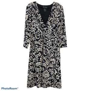 SL Fashions Black & White Damask Scroll Print V-Neck Dress 14 Baroque Floral